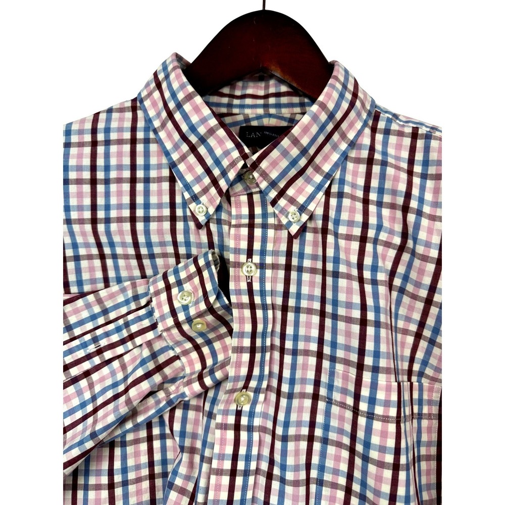 Lands' End Mens Plaid Button Down Shirt Blue Burgundy Pink 17.5-33 Traditional